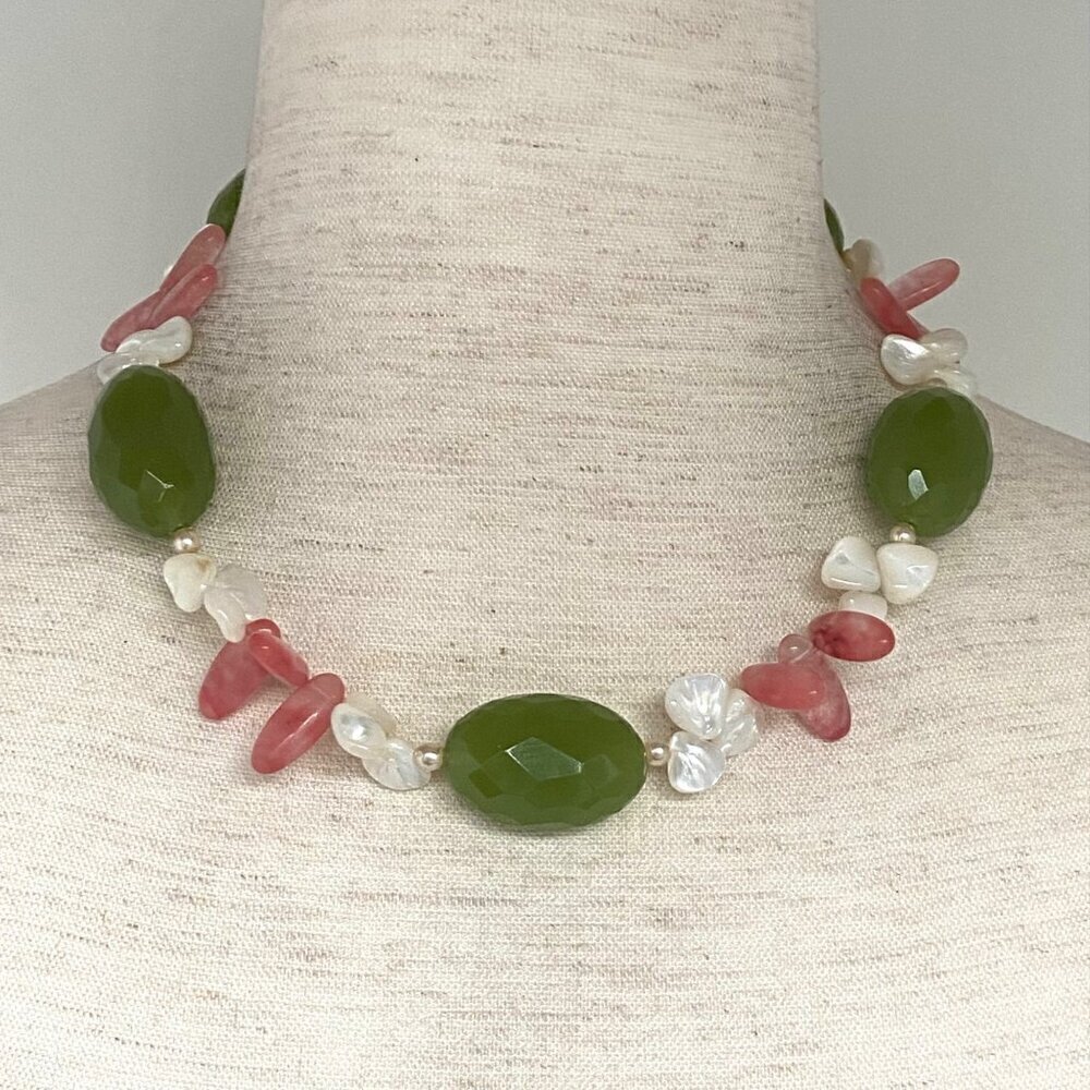 Sterling Silver 925 Beaded Oval Faceted Chrysoprase MOP & Pearl Necklace 17.5"